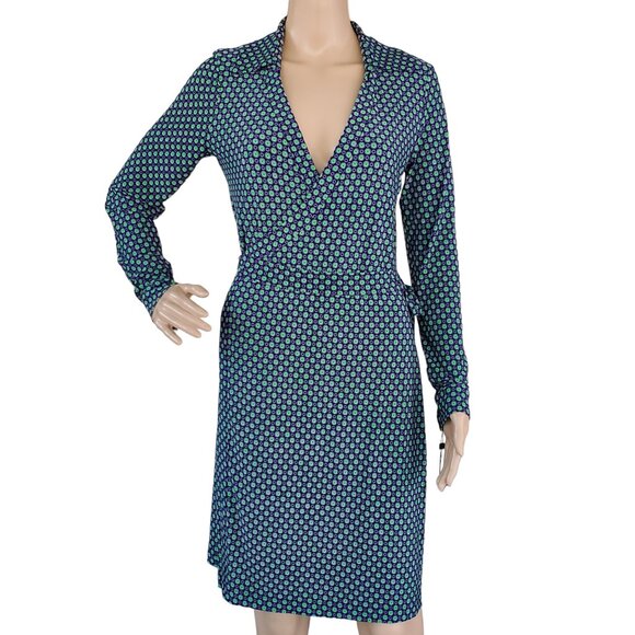Tommy Hilfiger Wrap Dress Women's Size 6 Blue Green Polka Dot V Neck Long Sleeve - Picture 2 of 14